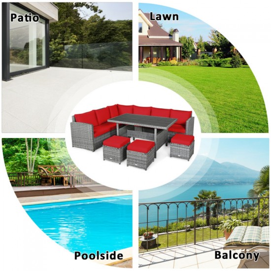 Honhorrs 7-Piece Outdoor Wicker Dining Sofa Set with 3 Loveseats, 3 Ottomans and Dining Table