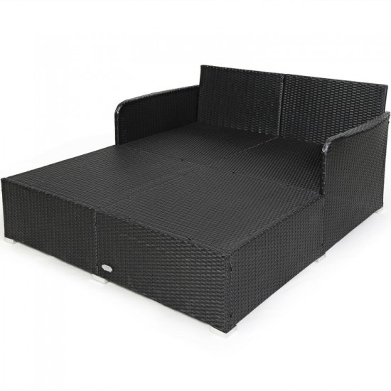 Honhorrs Cushioned Rattan Patio Daybed, Curved Back with Armrests, Aluminum Feet and X-Frame Support