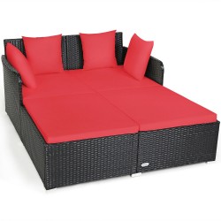 Honhorrs Cushioned Rattan Patio Daybed, Curved Back with Armrests, Aluminum Feet and X-Frame Support
