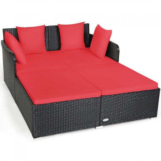 Honhorrs Cushioned Rattan Patio Daybed, Curved Back with Armrests, Aluminum Feet and X-Frame Support