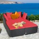 Honhorrs Cushioned Rattan Patio Daybed, Curved Back with Armrests, Aluminum Feet and X-Frame Support