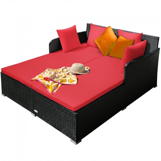 Honhorrs Cushioned Rattan Patio Daybed, Curved Back with Armrests, Aluminum Feet and X-Frame Support