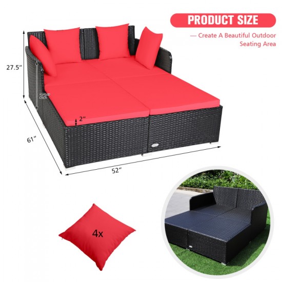 Honhorrs Cushioned Rattan Patio Daybed, Curved Back with Armrests, Aluminum Feet and X-Frame Support