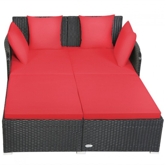 Honhorrs Cushioned Rattan Patio Daybed, Curved Back with Armrests, Aluminum Feet and X-Frame Support