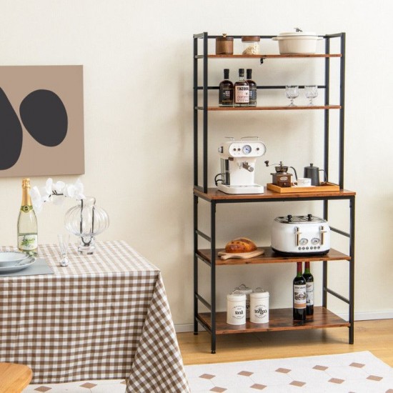 Honhorrs 5-Tier Kitchen Baker's Rack with Upper Hutch Shelves, Retaining Tubes and Adjustable Feet
