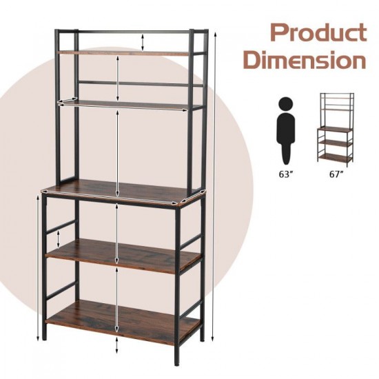 Honhorrs 5-Tier Kitchen Baker's Rack with Upper Hutch Shelves, Retaining Tubes and Adjustable Feet
