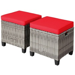 XVX Pair of Wicker Patio Ottomans, Removable Cushions with Ties on Steel Frames and Footpads