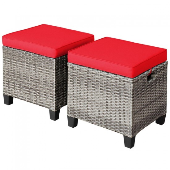 Honhorrs Pair of Wicker Patio Ottomans, Removable Cushions with Ties on Steel Frames and Footpads