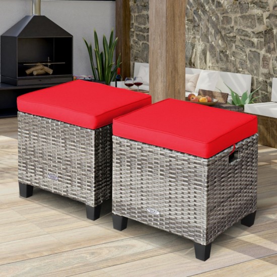 Honhorrs Pair of Wicker Patio Ottomans, Removable Cushions with Ties on Steel Frames and Footpads