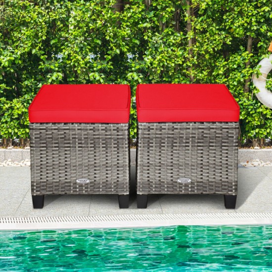 Honhorrs Pair of Wicker Patio Ottomans, Removable Cushions with Ties on Steel Frames and Footpads