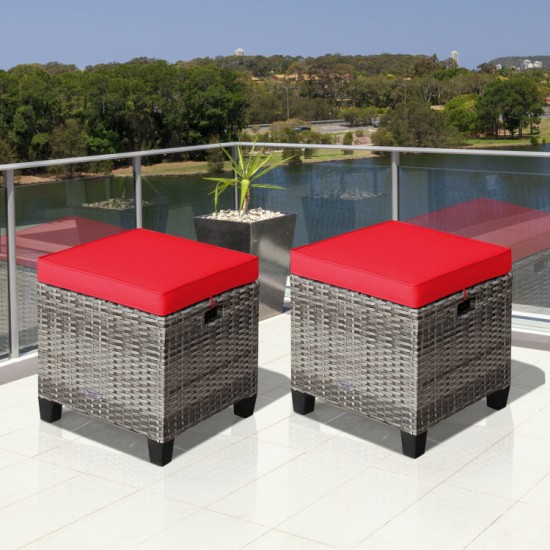 Honhorrs Pair of Wicker Patio Ottomans, Removable Cushions with Ties on Steel Frames and Footpads