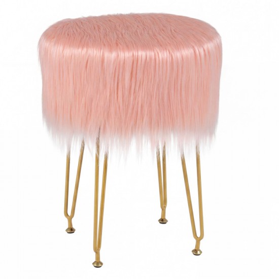 Honhorrs Round Faux-Fur Vanity Stool, Padded Seat with Four Metal Legs and Adjustable Foot Pads