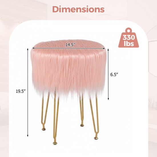 Honhorrs Round Faux-Fur Vanity Stool, Padded Seat with Four Metal Legs and Adjustable Foot Pads