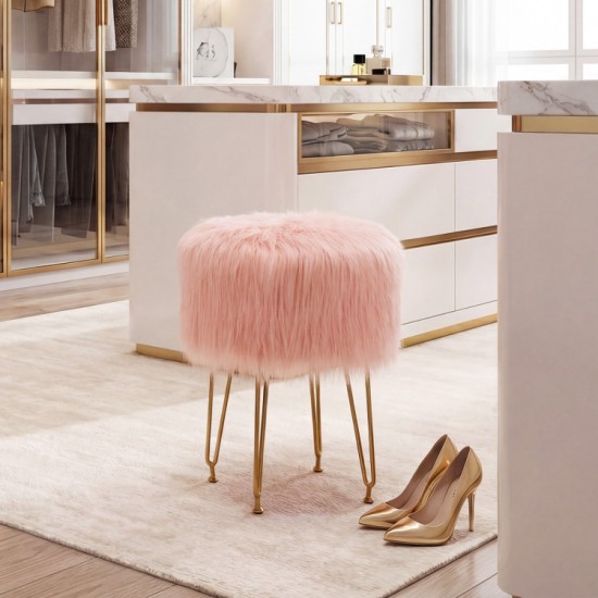 Honhorrs Round Faux-Fur Vanity Stool, Padded Seat with Four Metal Legs and Adjustable Foot Pads