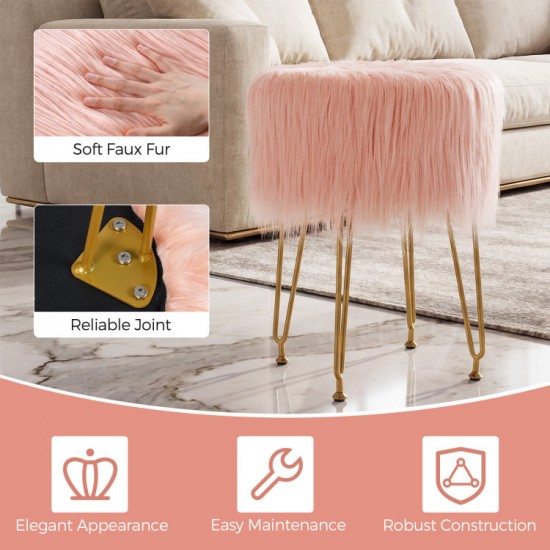 Honhorrs Round Faux-Fur Vanity Stool, Padded Seat with Four Metal Legs and Adjustable Foot Pads