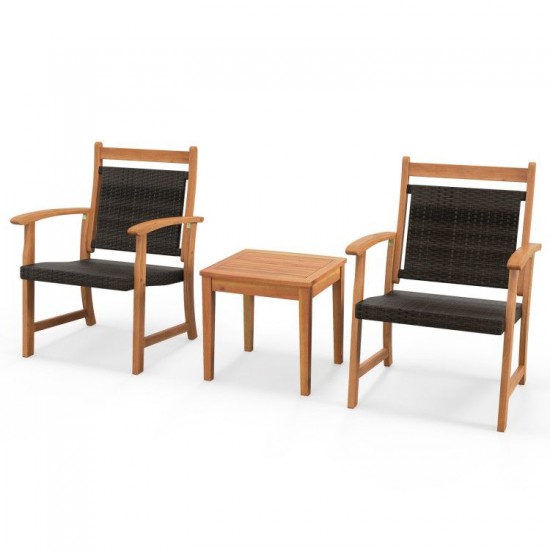 Honhorrs Acacia and Wicker Bistro Trio, Two Angled Armchairs with a Matching Solid-Wood Side Table