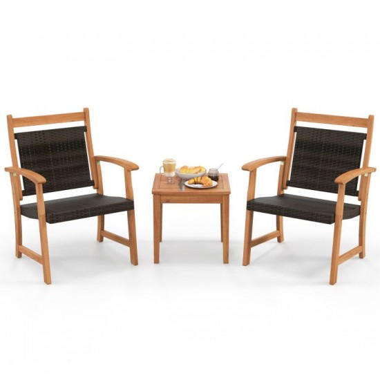 Honhorrs Acacia and Wicker Bistro Trio, Two Angled Armchairs with a Matching Solid-Wood Side Table