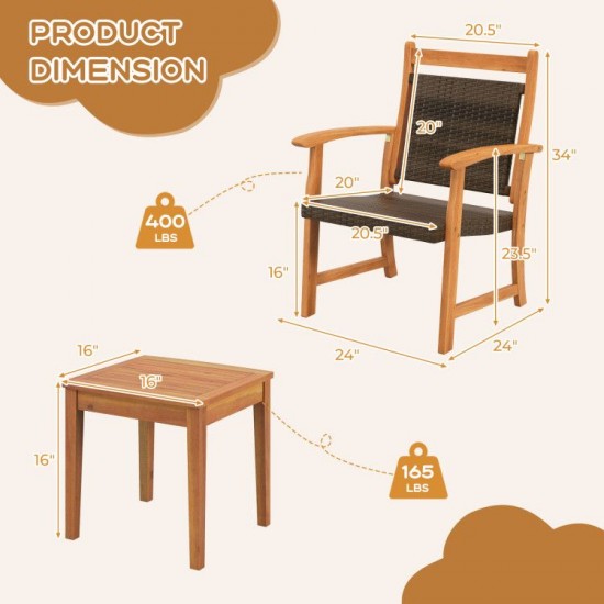 Honhorrs Acacia and Wicker Bistro Trio, Two Angled Armchairs with a Matching Solid-Wood Side Table