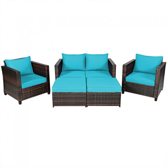 Honhorrs Five-Piece Wicker Patio Seating Set, Loveseat, Two Armchairs and Two Cushioned Ottomans