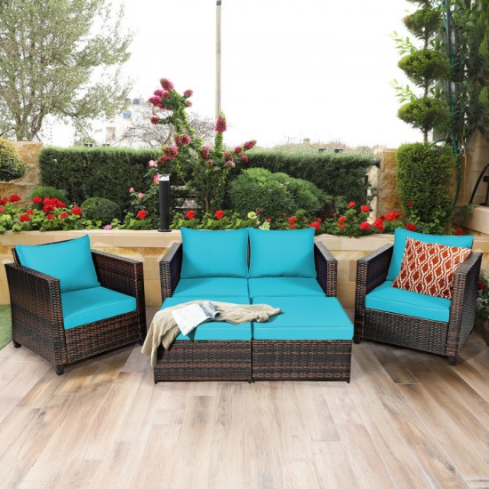 Honhorrs Five-Piece Wicker Patio Seating Set, Loveseat, Two Armchairs and Two Cushioned Ottomans