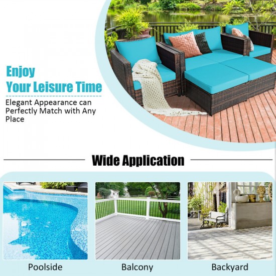 Honhorrs Five-Piece Wicker Patio Seating Set, Loveseat, Two Armchairs and Two Cushioned Ottomans