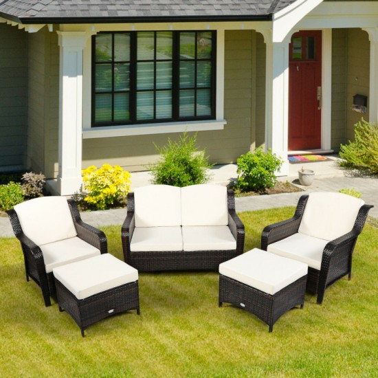 Honhorrs Five-Piece Wicker Patio Sofa Set, Convertible Cushioned Ottoman with Adjustable Foot Pads