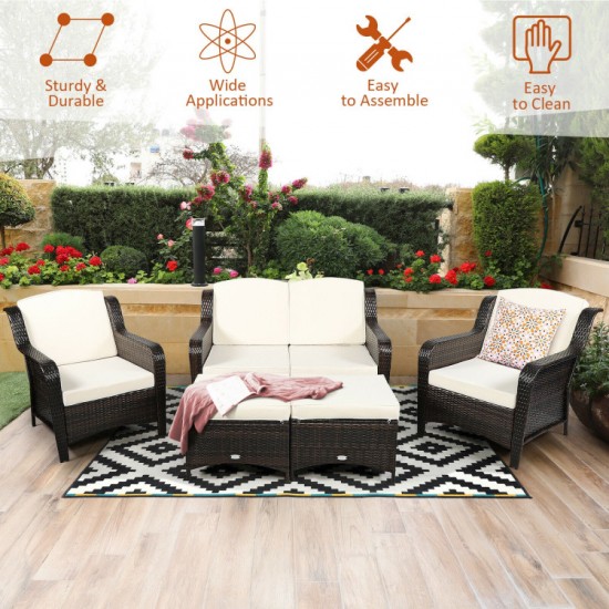 Honhorrs Five-Piece Wicker Patio Sofa Set, Convertible Cushioned Ottoman with Adjustable Foot Pads