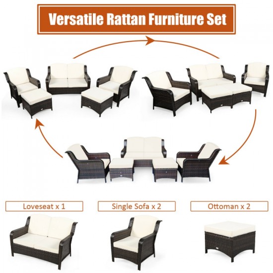 Honhorrs Five-Piece Wicker Patio Sofa Set, Convertible Cushioned Ottoman with Adjustable Foot Pads