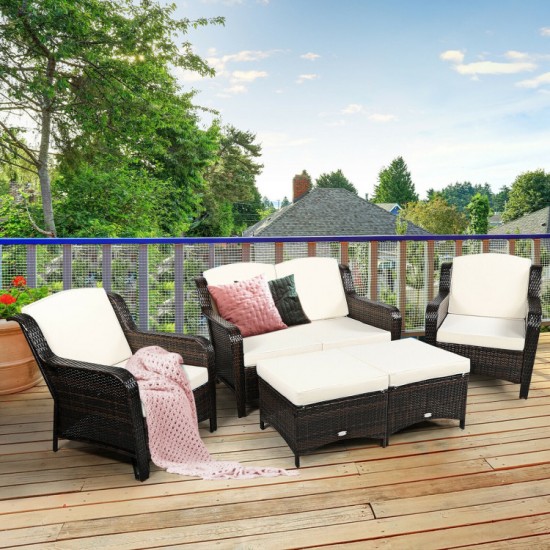 Honhorrs Five-Piece Wicker Patio Sofa Set, Convertible Cushioned Ottoman with Adjustable Foot Pads