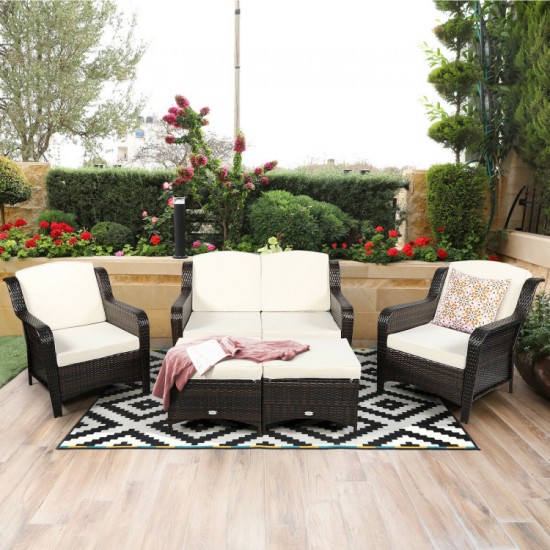 Honhorrs Five-Piece Wicker Patio Sofa Set, Convertible Cushioned Ottoman with Adjustable Foot Pads