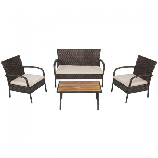 Honhorrs Four-Piece Wicker Patio Conversation Set, Cushioned Seating and an Acacia Wood-Top Table