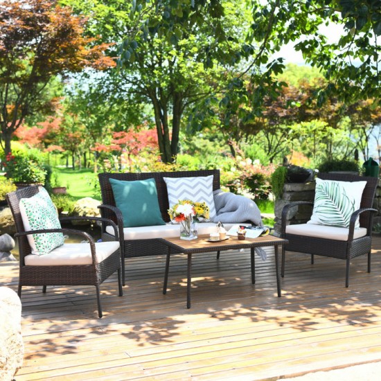 Honhorrs Four-Piece Wicker Patio Conversation Set, Cushioned Seating and an Acacia Wood-Top Table
