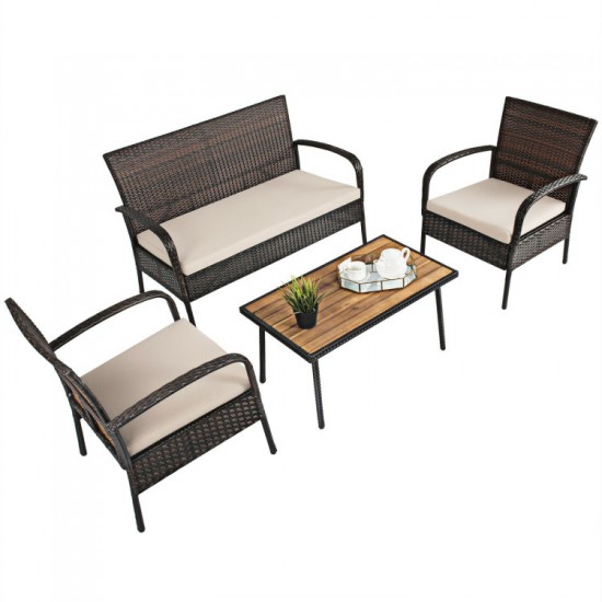 Honhorrs Four-Piece Wicker Patio Conversation Set, Cushioned Seating and an Acacia Wood-Top Table