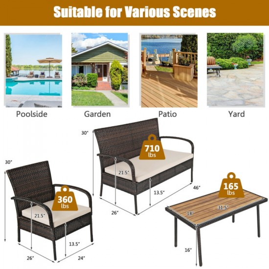 Honhorrs Four-Piece Wicker Patio Conversation Set, Cushioned Seating and an Acacia Wood-Top Table