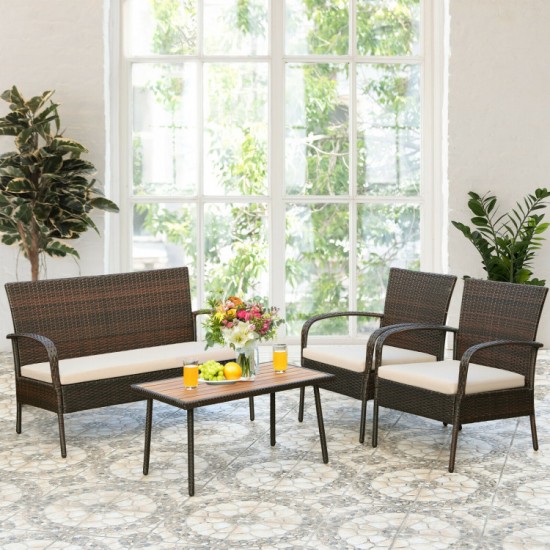 Honhorrs Four-Piece Wicker Patio Conversation Set, Cushioned Seating and an Acacia Wood-Top Table