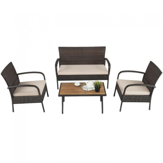 Honhorrs Four-Piece Wicker Patio Conversation Set, Cushioned Seating and an Acacia Wood-Top Table