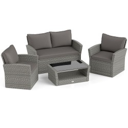 Honhorrs Four-Piece Woven Patio Set, Loveseat and Two Armchairs with Glass Table and Storage Shelf