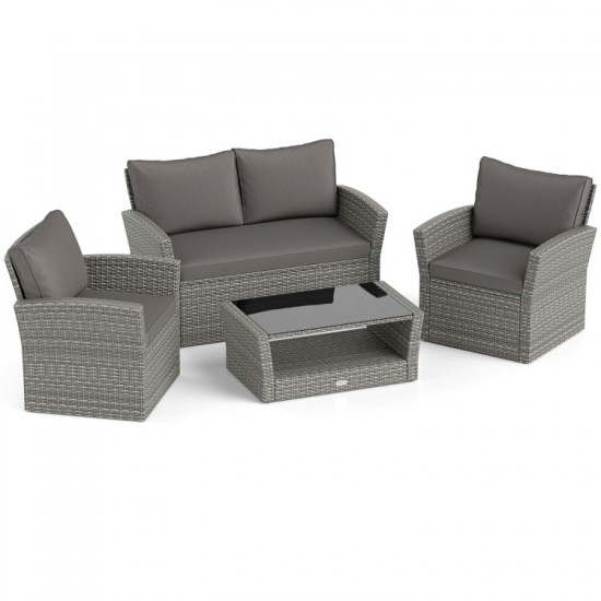 Honhorrs Four-Piece Woven Patio Set, Loveseat and Two Armchairs with Glass Table and Storage Shelf