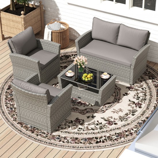 Honhorrs Four-Piece Woven Patio Set, Loveseat and Two Armchairs with Glass Table and Storage Shelf