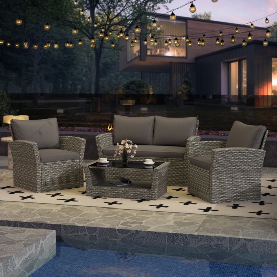 Honhorrs Four-Piece Woven Patio Set, Loveseat and Two Armchairs with Glass Table and Storage Shelf