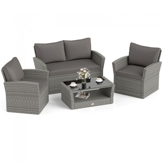 Honhorrs Four-Piece Woven Patio Set, Loveseat and Two Armchairs with Glass Table and Storage Shelf