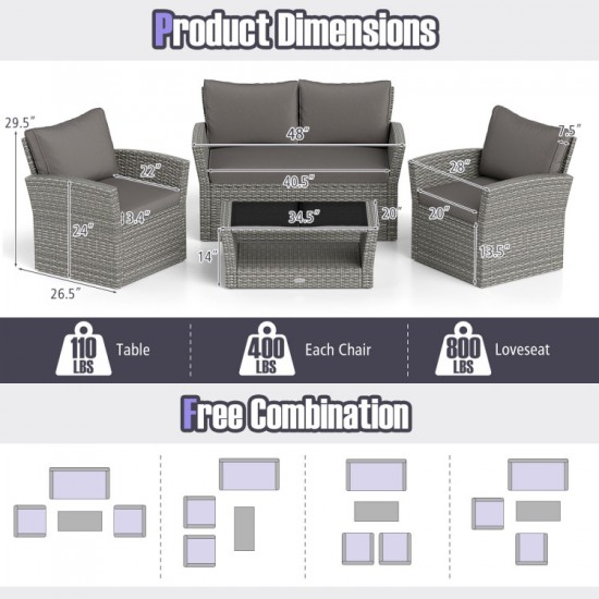 Honhorrs Four-Piece Woven Patio Set, Loveseat and Two Armchairs with Glass Table and Storage Shelf