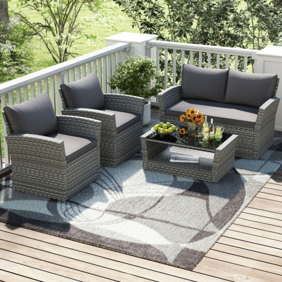 Honhorrs Four-Piece Woven Patio Set, Loveseat and Two Armchairs with Glass Table and Storage Shelf