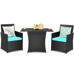 Honhorrs Compact Three-Piece Rattan Bistro Set, Tuck-Under Chairs with Cushions and Glass Tabletop