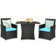 Honhorrs Compact Three-Piece Rattan Bistro Set, Tuck-Under Chairs with Cushions and Glass Tabletop