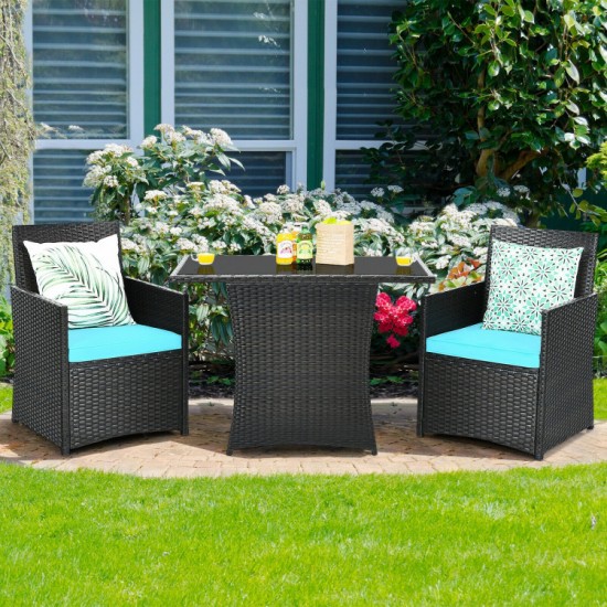 Honhorrs Compact Three-Piece Rattan Bistro Set, Tuck-Under Chairs with Cushions and Glass Tabletop
