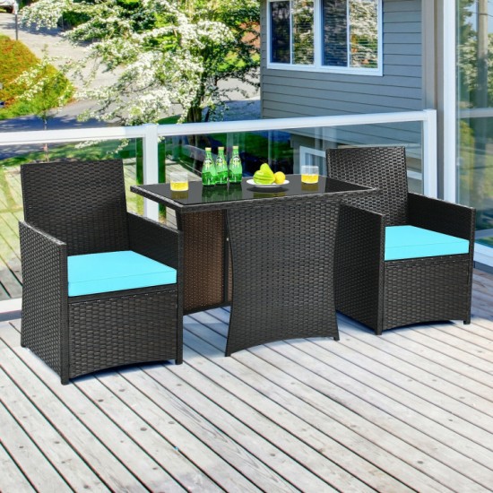 Honhorrs Compact Three-Piece Rattan Bistro Set, Tuck-Under Chairs with Cushions and Glass Tabletop
