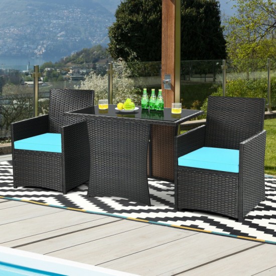 Honhorrs Compact Three-Piece Rattan Bistro Set, Tuck-Under Chairs with Cushions and Glass Tabletop