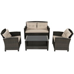 XVX Four-Piece PE-Rattan Patio Set, Cushioned Loveseat and Chairs with Glass-Top Storage Table