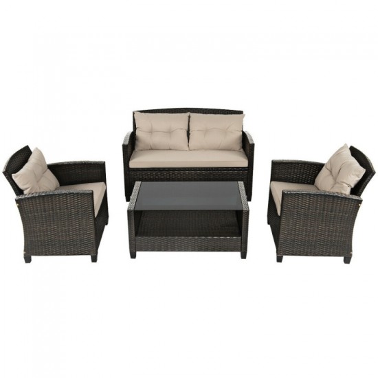 Honhorrs Four-Piece PE-Rattan Patio Set, Cushioned Loveseat and Chairs with Glass-Top Storage Table